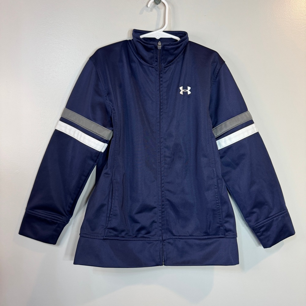 Under Armour Track Jacket Kids Sz 7 Full Zip Navy Blue Athletic Sportswear Fun